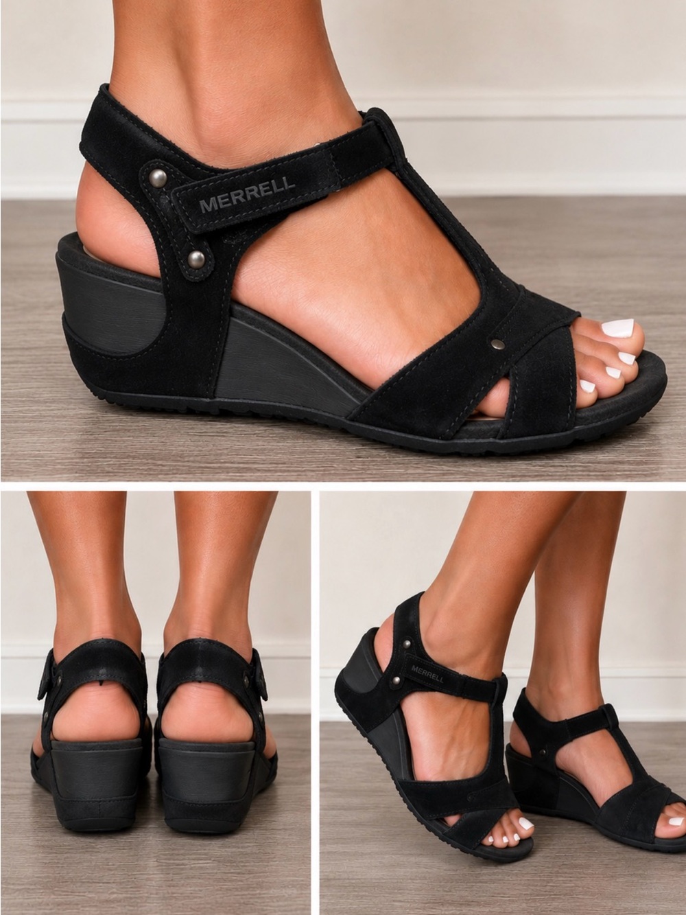 Merrell Black Suede Wedge Sandals M-Select Grip Comfort Women’s 8